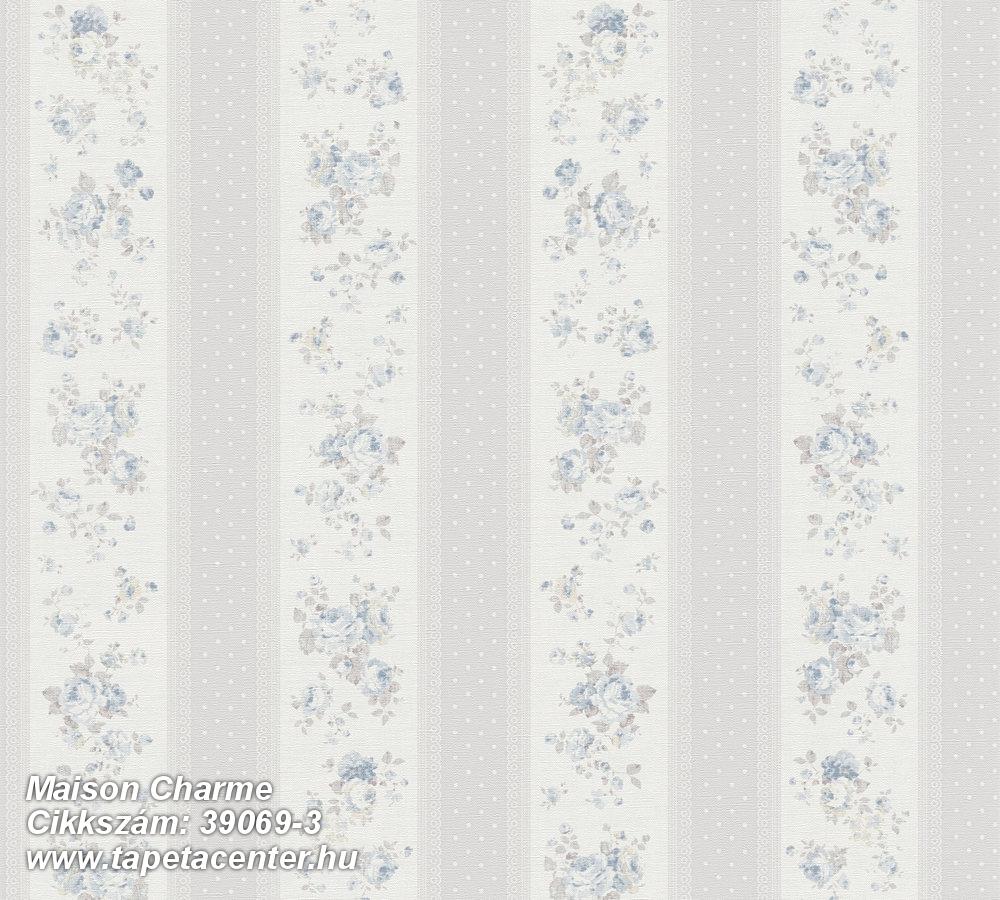Csíkos,retro,textil hatású,virágmintás,fehér,kék,szürke,illesztés mentes,súrolható,vlies tapéta 